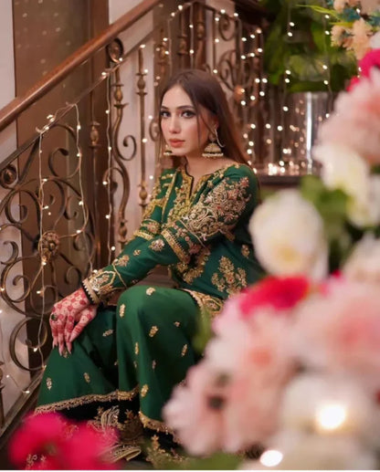 Bottle Green Raw Silk Sharara Dress for Mehndi