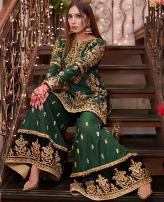 Bottle Green Raw Silk Sharara Dress for Mehndi